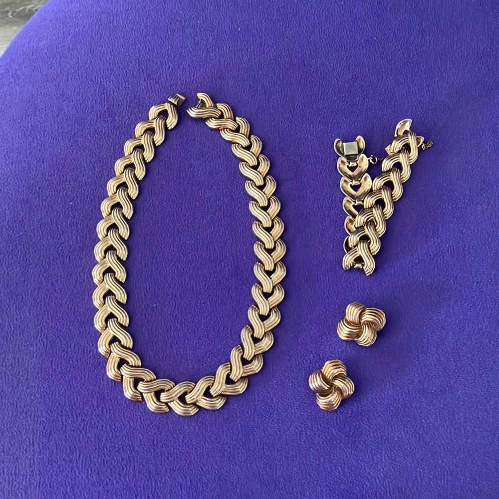 1950s Crown Trifari set necklace bracelet & clip on earrings